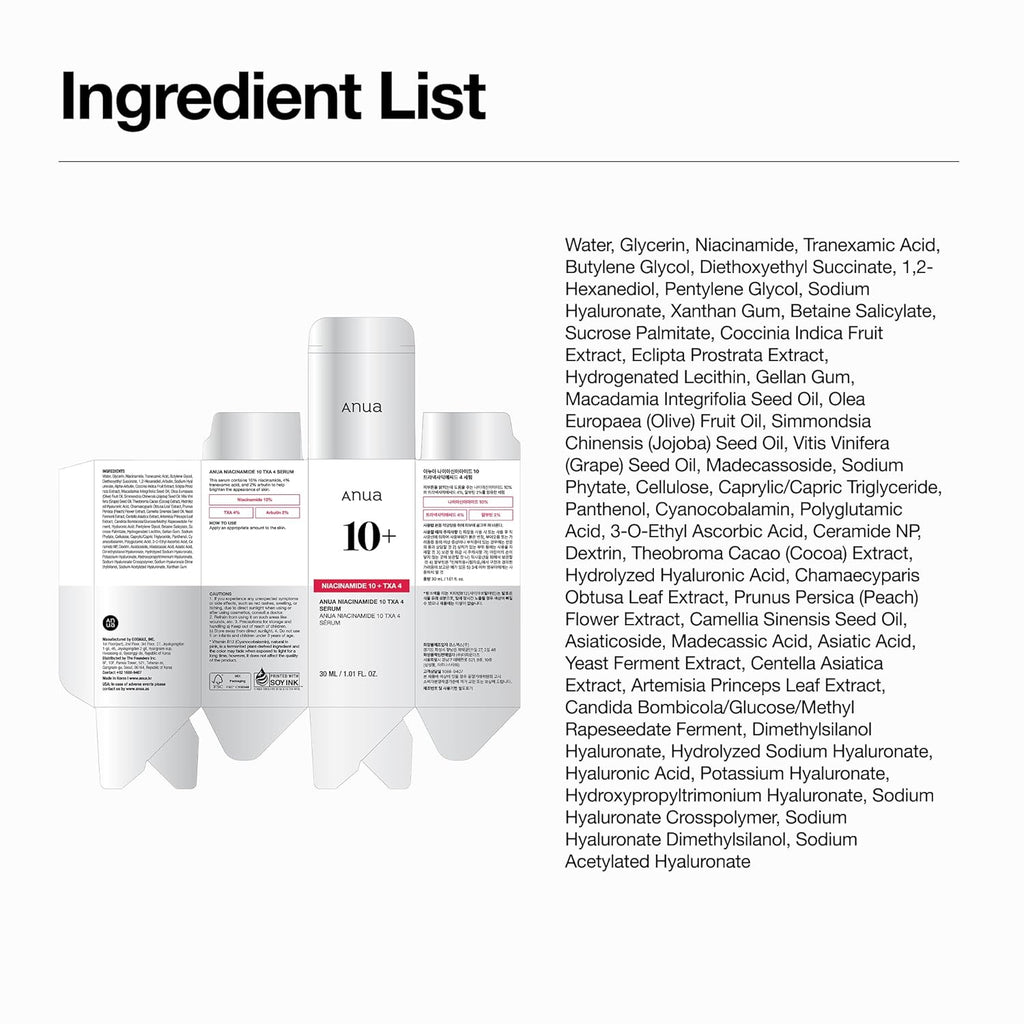 Anua Niacinamide 10 + TXA 4 Serum, Dark Spot Care, Hyaluronic Acid, Tranexamic Acid, Lightweight & Hydrating All-in-One Daily Facial Serum for Glass Skin, Korean Skincare, 1.01 fl.oz